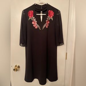 Elegant flowy black cocktail dress with rose embroidery size 4